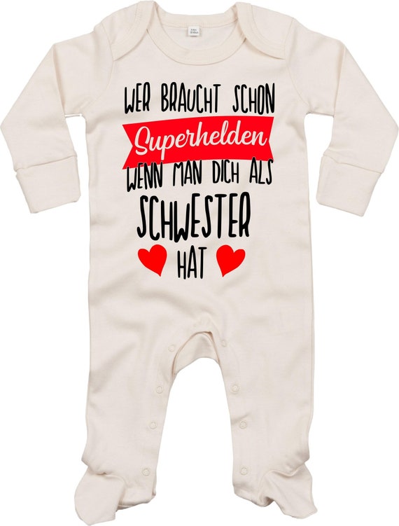 Kleckerliese Baby Schlafanzug "Wer braucht schon Superhelden wenn man Dich als SCHWESTER hat" Sleepsuit Langarm Jungen Mädchen