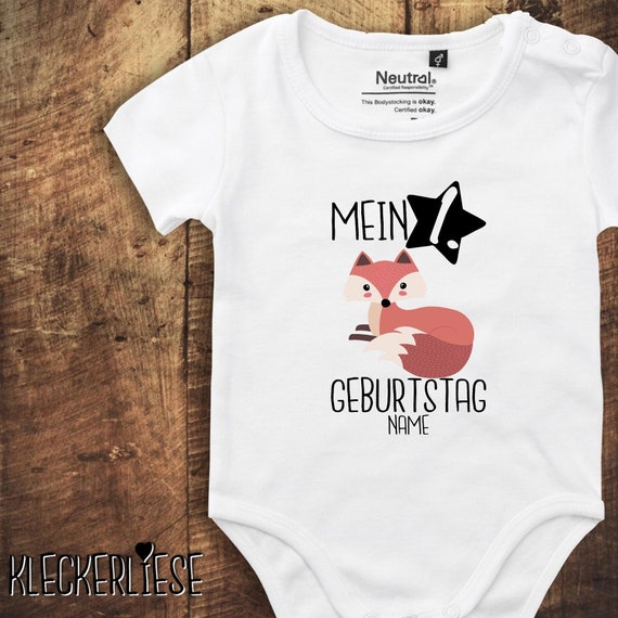 kleckerliese Babybody Body mit Wunschname "Mein 1. Geburtstag Fuchs mit Wunschname" Fair Wear, Bio, Organic Baby Jungen Mädchen