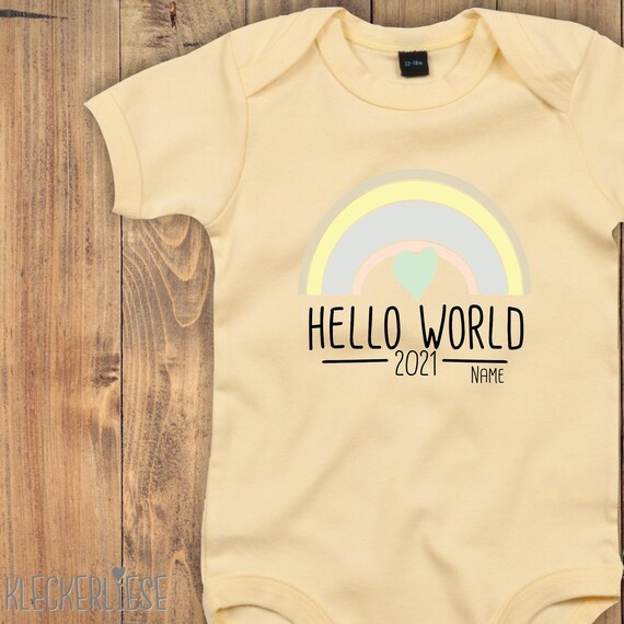 Baby Body mit Wunschtext "Hello World 2021 Wunschname" Babybody Strampler Jungen Mädchen Kurzarm