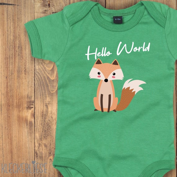 Baby Body mit Wunschtext "Hello World Fuchs" Babybody Strampler Jungen Mädchen Kurzarm
