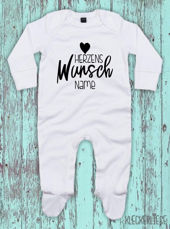 Baby Schlafanzug mit Wunschtext "Herzens Wunsch mit Wunschname" Sleepsuit Langarm Jungen Mädchen Einteiler Strampler