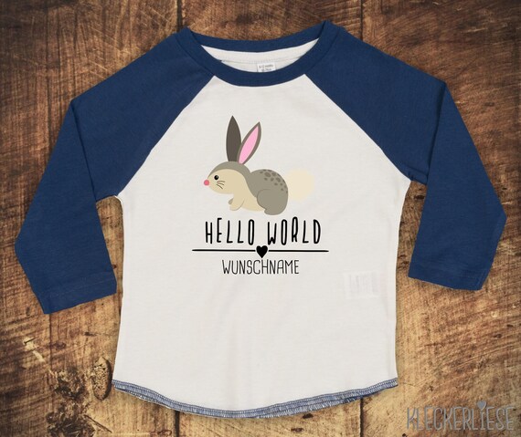 T-Shirt Langarmshirt mit Wunschname "Hello World Hase Wunschname" Raglan-Ärmel Jungen Mädchen Baby Kinder