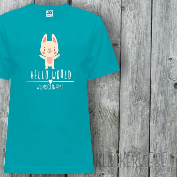Kinder T-Shirt mit Wunschname "Hello World Hase Wunschname" Shirt Jungen Mädchen Baby Kind