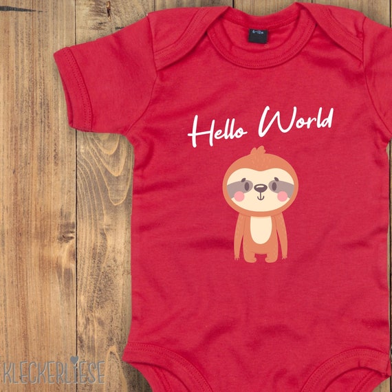 Baby Body "Hello World Faultier" Babybody Strampler Jungen Mädchen Kurzarm