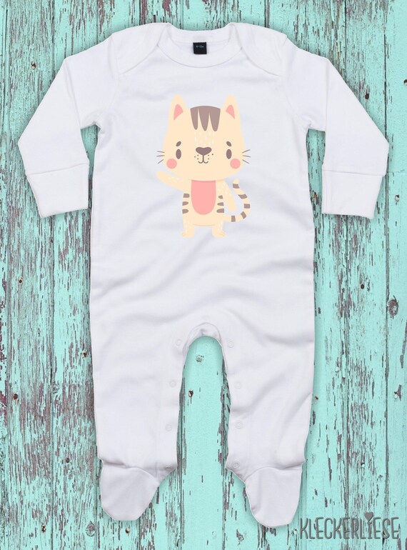 Kleckerliese Baby Schlafanzug "Tiermotiv Katze Mietze Cat" Sleepsuit Langarm Jungen Mädchen Einteiler Strampler