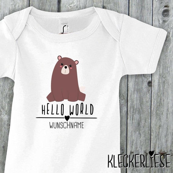 Baby Body mit Wunschname "Hello World Bär Wunschname" Babybody Strampler Jungen Mädchen