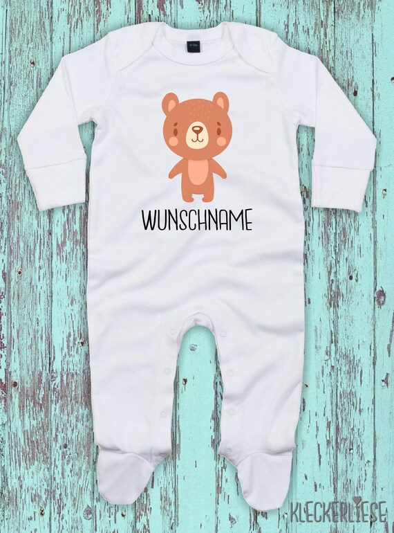 Baby Schlafanzug mit Wunschtext "Tiermotiv mit Wunschnamen Bär Braunbär" Sleepsuit Langarm Jungen Mädchen Einteiler Strampler