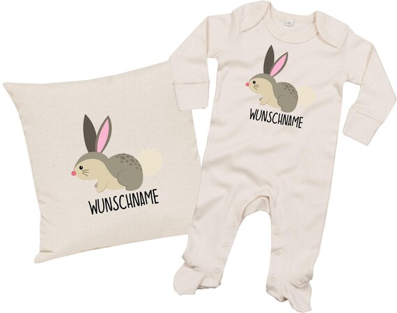 kleckerliese Geschenkset Geburt Kissen Schlafanzug mit Tiermotiv "Hase" Fair Wear mit Kissenfüllung