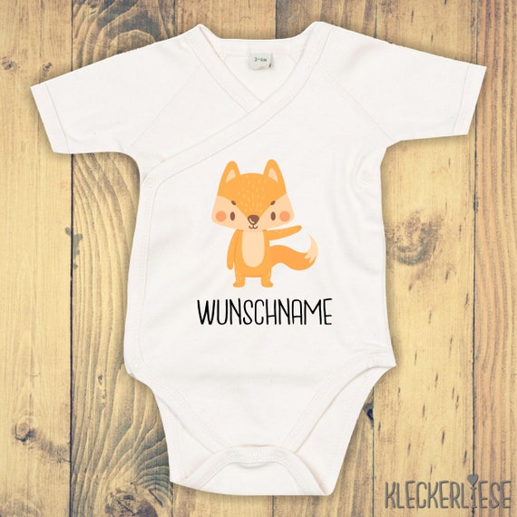 Wickelbody mit Wunschtext "Tiermotiv mit Wunschnamen Fuchs" Babybody Strampler Wickelbody Organic Kimono Kurzarm Baby Body