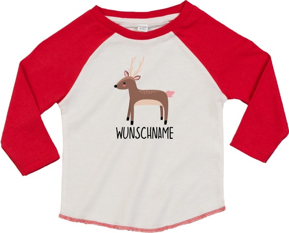 Kleckerliese Baby Kinder T-Shirt mit Wunschnamen Langarmshirt  "Reh" Raglan-Ärmel Jungen Mädchen