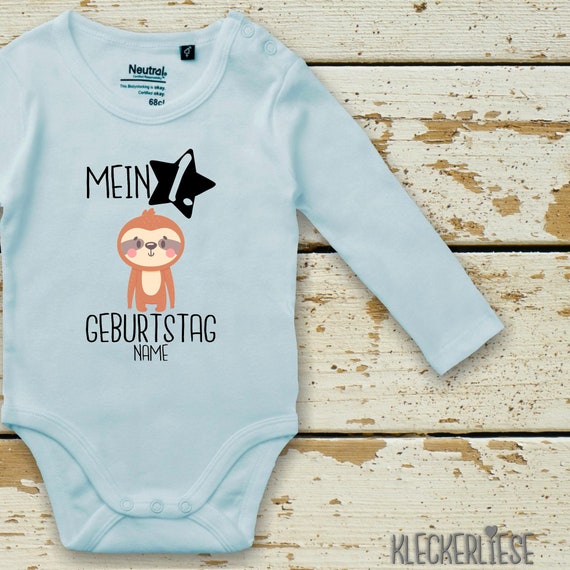 Langarm Body mit Wunschname Babybody "Mein 1. Geburtstag Faultier mit Wunschname" Fair Wear Bio Organic