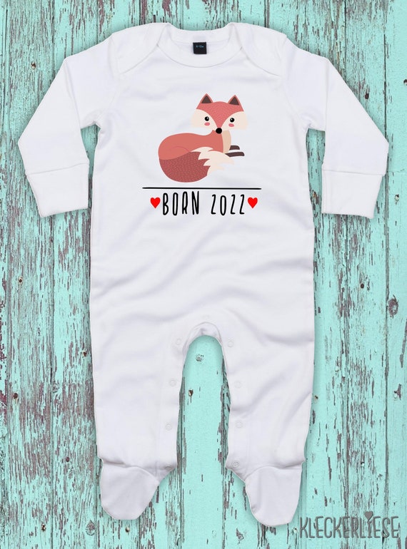 Kleckerliese Baby Schlafanzug "Born 2024 2025 Tiermotiv Fuchs" Sleepsuit Langarm Jungen Mädchen Einteiler Strampler