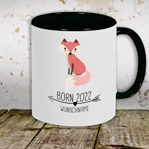 Kaffeetasse mit Wunschnamen Tasse Motiv "Born 2022 Tiermotiv Pfeil Wunschname Name Text Fuchs" Tasse Teetasse Milch Kakao