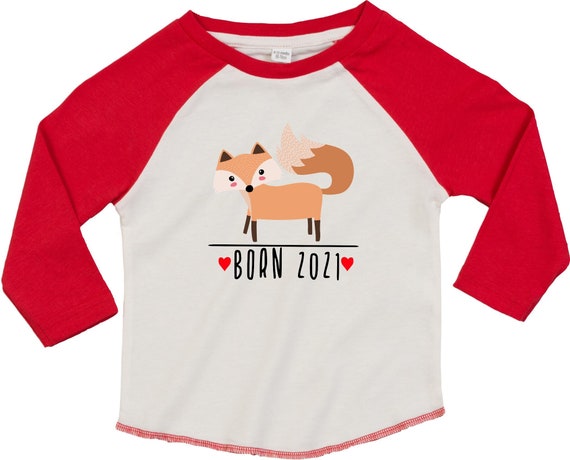 Kleckerliese Baby Kinder T-Shirt Langarmshirt  "Born 2021 Tiermotiv Fuchs" Raglan-Ärmel Jungen Mädchen