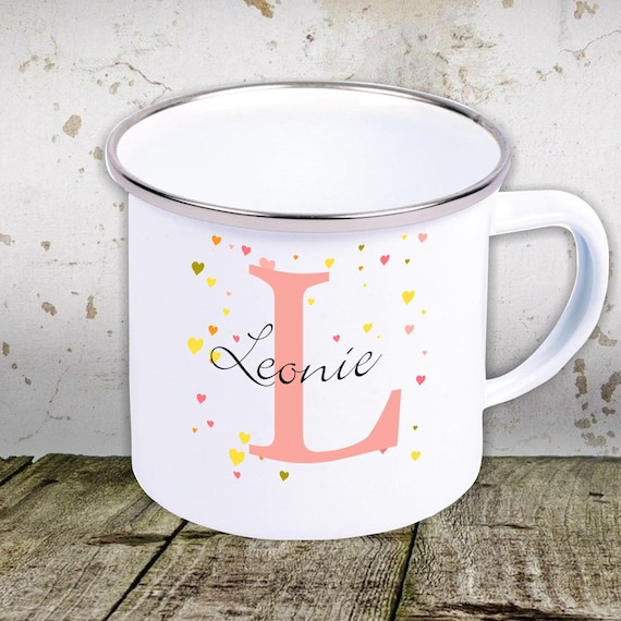 kleckerliese Emaille Tasse mit Initialen Wunschnamen Teetasse Kindertasse Motiv Camping Zelten Retro Becher