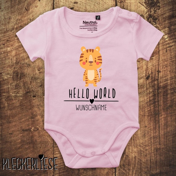 kleckerliese Babybody Body mit Wunschname "Hello World Tiger Wunschname" Fair Wear, Bio, Organic Baby Jungen Mädchen