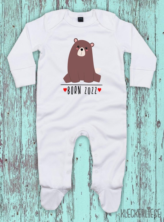 Kleckerliese Baby Schlafanzug "Born 2022 Tiermotiv Bär" Sleepsuit Langarm Jungen Mädchen Einteiler Strampler