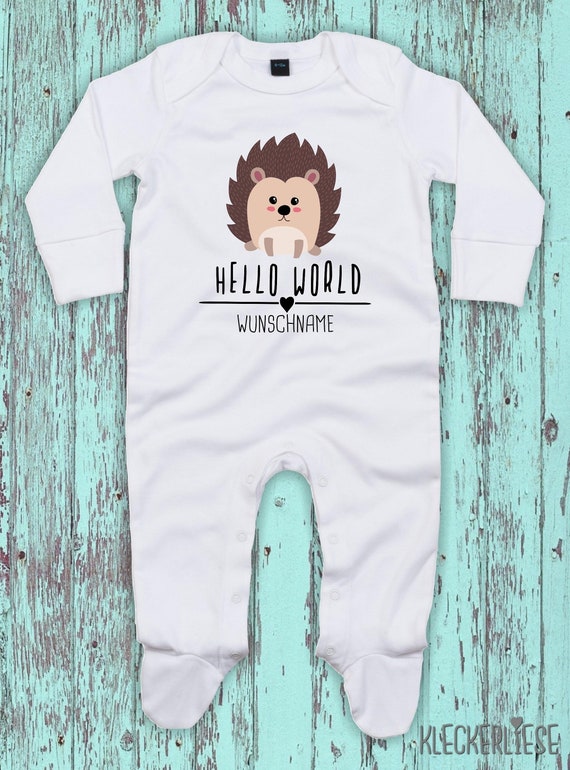 Baby Schlafanzug mit Wunschtext "Hello World Igel Wunschname" Sleepsuit Langarm Jungen Mädchen Einteiler Strampler