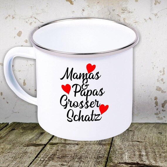 kleckerliese Emaille Kindertasse Teetasse Tasse "Mamas & Papas Grosser Schatz" Camping Zelten Retro Becher