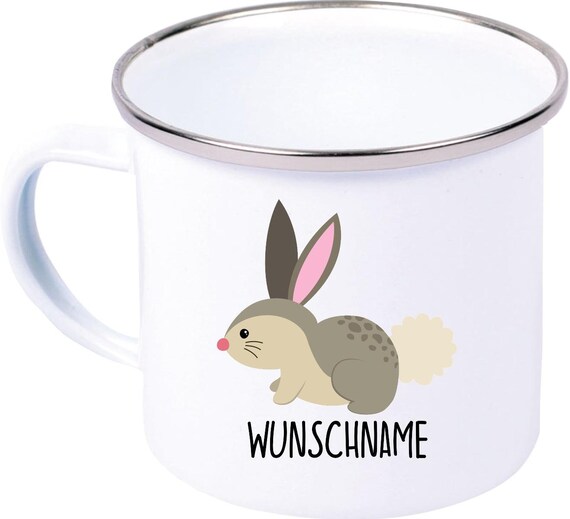 kleckerliese Emaille Kindertasse mit Wunschnamen Teetasse Tasse Motiv Tiermotive Tiere mit Camping Zelten Retro Becher