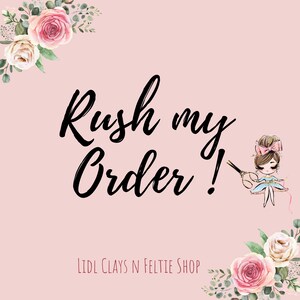 May include: Pink background with the text "Rush my Order!" in black script. A small illustration of a ballerina with a pink bow is on the right. Floral arrangements of pink and white roses and greenery are in the corners. The shop name is at the bottom.