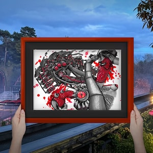 Może przedstawiać: Ilustracja w ramie przedstawiająca czerwono-czarne monstrum z jednym okiem. Potwór jest otoczony plamami krwi i wydaje się atakować osobę.