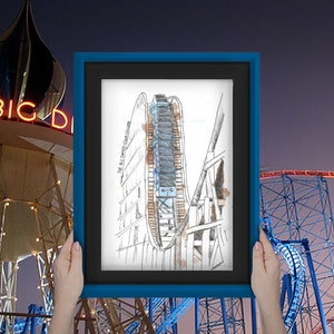 Grande Carro - Stampa A5 - Ispirata a Blackpool Pleasure Beach - Arte ad acquerello con montagne russe