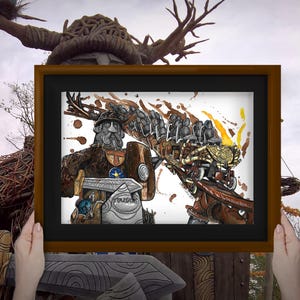 May include: A framed black and white illustration of a Viking warrior holding a sword and shield, with a rollercoaster in the background. The warrior is wearing a helmet and armour, and the rollercoaster is made of wood and metal.