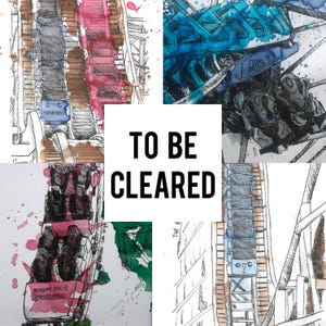 May include: A collection of watercolour and ink sketches depicting amusement park rides. The artwork includes a roller coaster, a Ferris wheel, and other structures, with the text "TO BE CLEARED" in the centre.