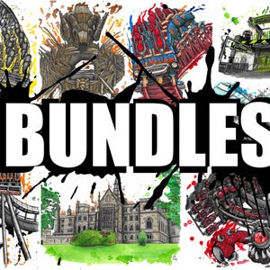 Puede incluir: Un collage de varias ilustraciones de montañas rusas y un edificio grande, con salpicaduras de acuarela vibrantes en rojo, amarillo y verde. La palabra BUNDLES está impresa en letras blancas grandes y negritas en el centro con un efecto de tinta negra.