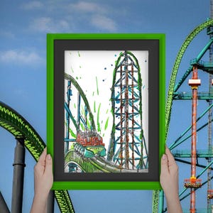 May include: A green framed drawing of a roller coaster with a green and blue track. The roller coaster is going up a tall, red and white tower. The drawing is on a white background with green and blue splatters.