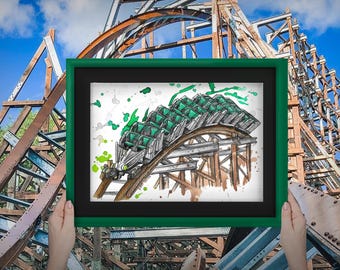 Oeuvre d'art inspirée d'untamed - impression d'art A5 - impression aquarelle de montagnes russes inspirée de l'attraction chez Walibi Holland