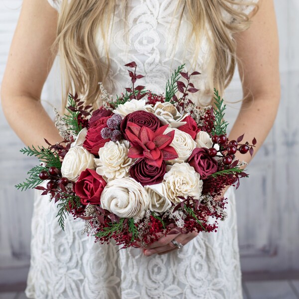Wine Burgundy Solawood Bouquet - Eucalyptus Greenery - Wooden Bridal Bouquet - Crimson Red - Woodland Wedding - Wedding Bouquet - Keepsake