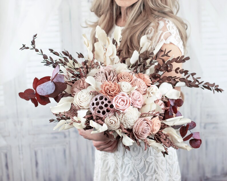 Oval Wedding Bouquet Bridal Bouquet Blushed Sola Wood Flowers Preserved Bouquet Japanese Garden White and Red Eucalyptus