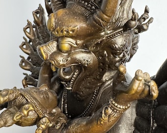 Large 50 cm Yamantaka Vajrabhairava with Consort – Oxidized Copper-Finish Tibetan Buddhist Statue, Wrathful Tantric Deity Yidam
