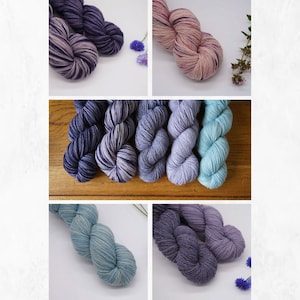 May include: Four different skeins of yarn dyed in shades of purple, blue, and pink. The yarn is arranged in a grid pattern. The text "4 Natural Dyeing Techniques" and "Every Natural Dyer Should Know" is visible in the image.