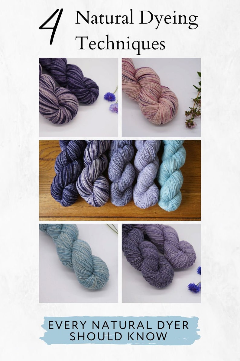 May include: Four different skeins of yarn dyed in shades of purple, blue, and pink. The yarn is arranged in a grid pattern. The text "4 Natural Dyeing Techniques" and "Every Natural Dyer Should Know" is visible in the image.