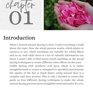 May include: A close-up of a hand holding a pile of pink rose petals. The text "chapter 01" and "Introduction" are visible in the background. The text reads: "When I started natural dyeing in 2019, I read everything I could about the topic. How the whole process works, which plants or extracts to use, which mordants are suitable for which fibers and so on. And while there is a lot of valuable information out there, I wasn't able to find pretty much anything on the actual dyeing techniques to create different color effects on the yarn. Unlike dyeing with synthetic acid dyes, where it is rather straightforward to create a variegated or speckled yarn because the uptake of the dye is much faster, using natural dyes is a complex and slow process. This is why I decided to create this guide on four different dyeing techniques to make the whole natural dyeing process more straightforward and easier for you."