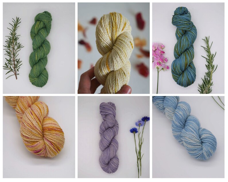 May include: Six skeins of hand-dyed yarn in various colors, including green, yellow, purple, and blue. The yarn is arranged in a loose, twisted shape, and each skein is photographed against a white background.
