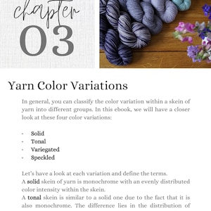 May include: A close-up of yarn skeins in various shades of blue, teal, and purple. The text "chapter 03 Yarn Color Variations" is visible at the top of the image.