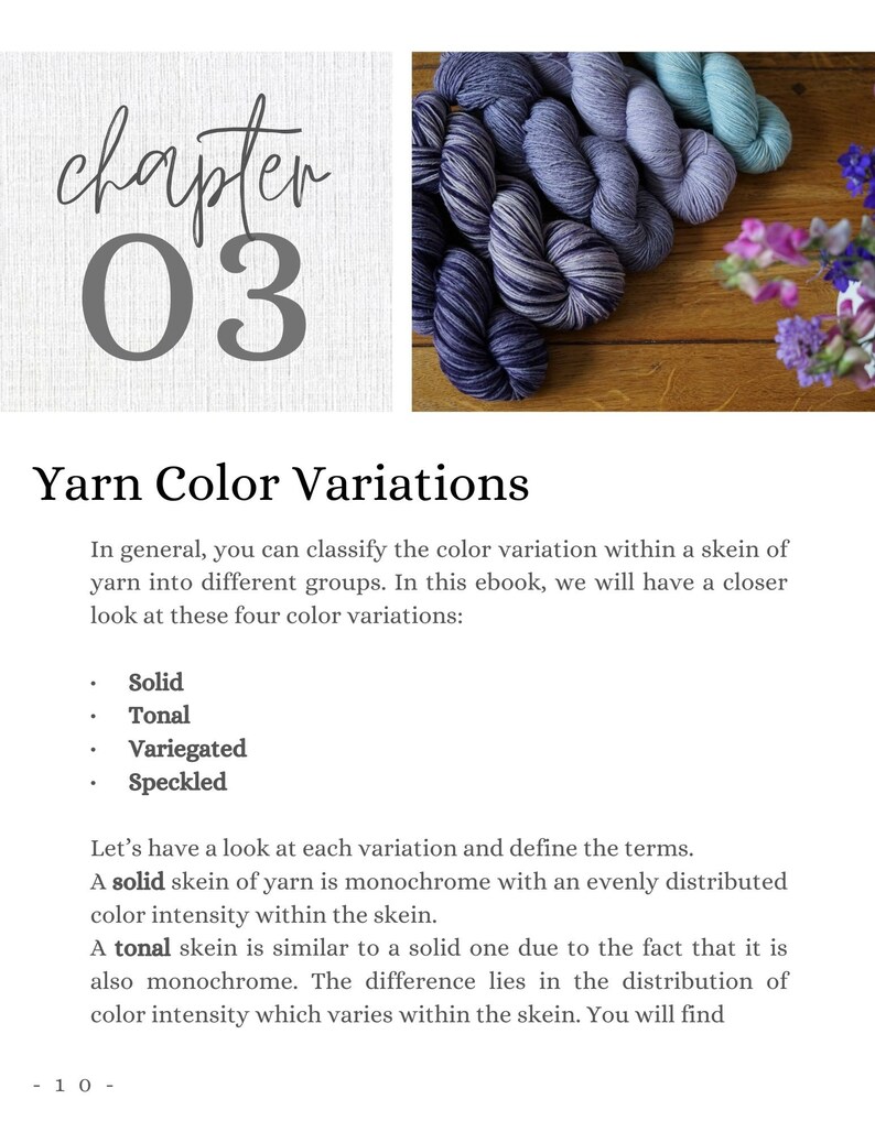 May include: A close-up of yarn skeins in various shades of blue, teal, and purple. The text "chapter 03 Yarn Color Variations" is visible at the top of the image.