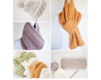 Crochet Pattern Set / Crochet Scarf Pattern, Headband Pattern, Hat Pattern, Cowl Pattern, Mitten Pattern by Golden Strand Studio