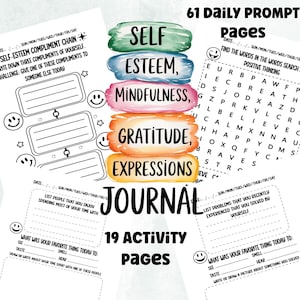 Puede incluir: Un diario imprimible con 61 indicaciones diarias y 19 páginas de actividades. El diario presenta un diseño de acuarela colorido con las palabras "Autoestima, Mindfulness, Gratitud, Expresiones" y "Diario".