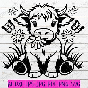 かわいいハイランド牛の SVG、ハイランドの花の Cricut ファイル、農場の動物のカット ファイル、座っている牛の SVG PNG、雌牛のステンシル、春の花の SVG PNG