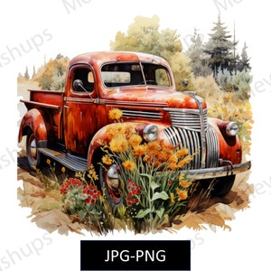 Vieux camion de ferme rouge aquarelle dans un champ Vieux camion de ferme rustique PNG à usage commercial ferme PNG Illustration