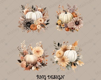 White and Orange Pumpkins Watercolor PNG, Autumn Thanksgiving Fall Floral clipart, Invitation Wedding Birthday Clipart, Transparent PNG