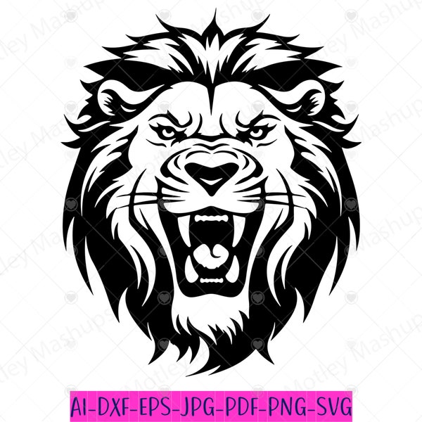 Lion Roaring Face Svg, Lion Head, Front Facing Lion, Male Lion Svg, Lion cut file, Lion mascot, Lion Png, Lion Vector, Lion Clipart, Cricut