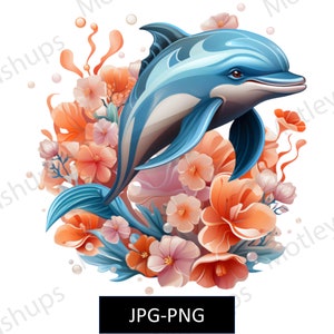 Watercolor Floral Dolphin PNG, Flower Wreath Dolphin Clipart, Commercial Use, Kids PNG, Flower PNG