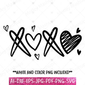 XOXO SVG, Valentijnsdag Svg Png, Hearts Hugs and Kisses Svg, Cute Valentine Svg, Valentine Shirt Svg, hart Clipart, geschetst hart Svg