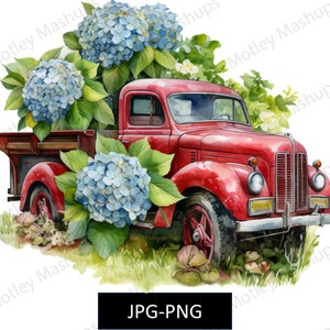 Rustic Red Farm Truck Barn Hydrangeas, Country Farm PNG Dxf SVG AI, Commerical Use Clipart, Farmer Barnyard